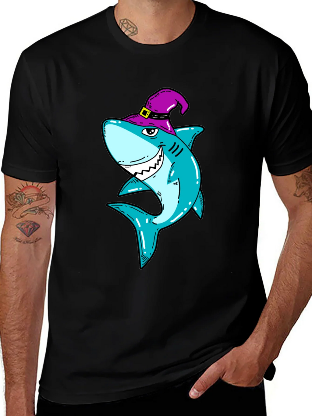 Spooky Shark Halloween T-Shirt - Purple Witch Hat