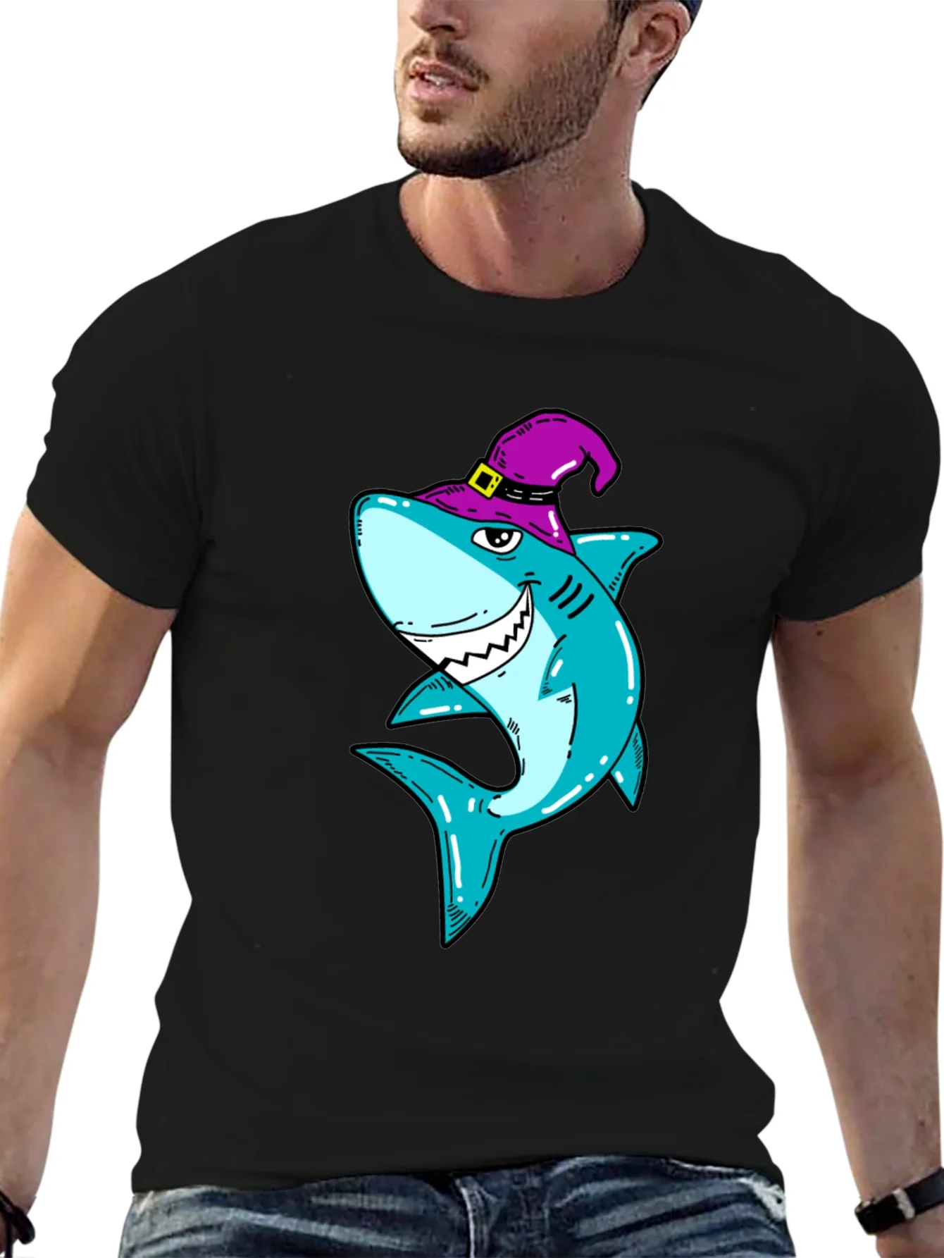 Spooky Shark Halloween T-Shirt - Purple Witch Hat