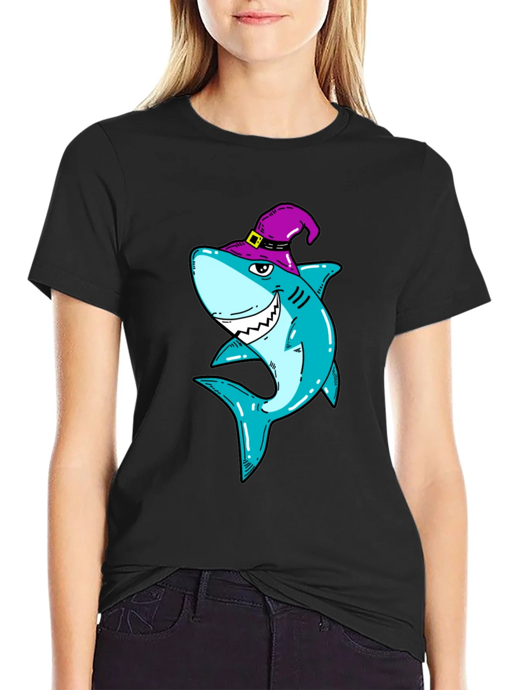Spooky Shark Halloween T-Shirt - Purple Witch Hat