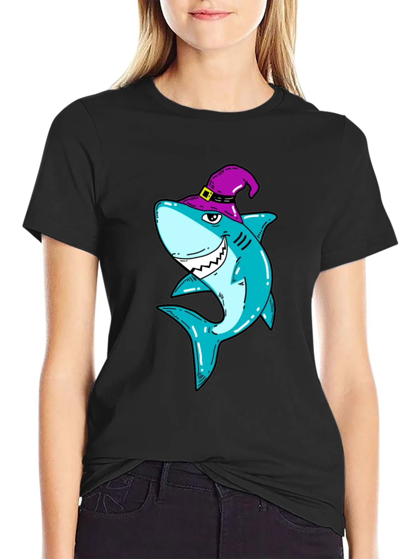 Spooky Shark Halloween T-Shirt - Purple Witch Hat