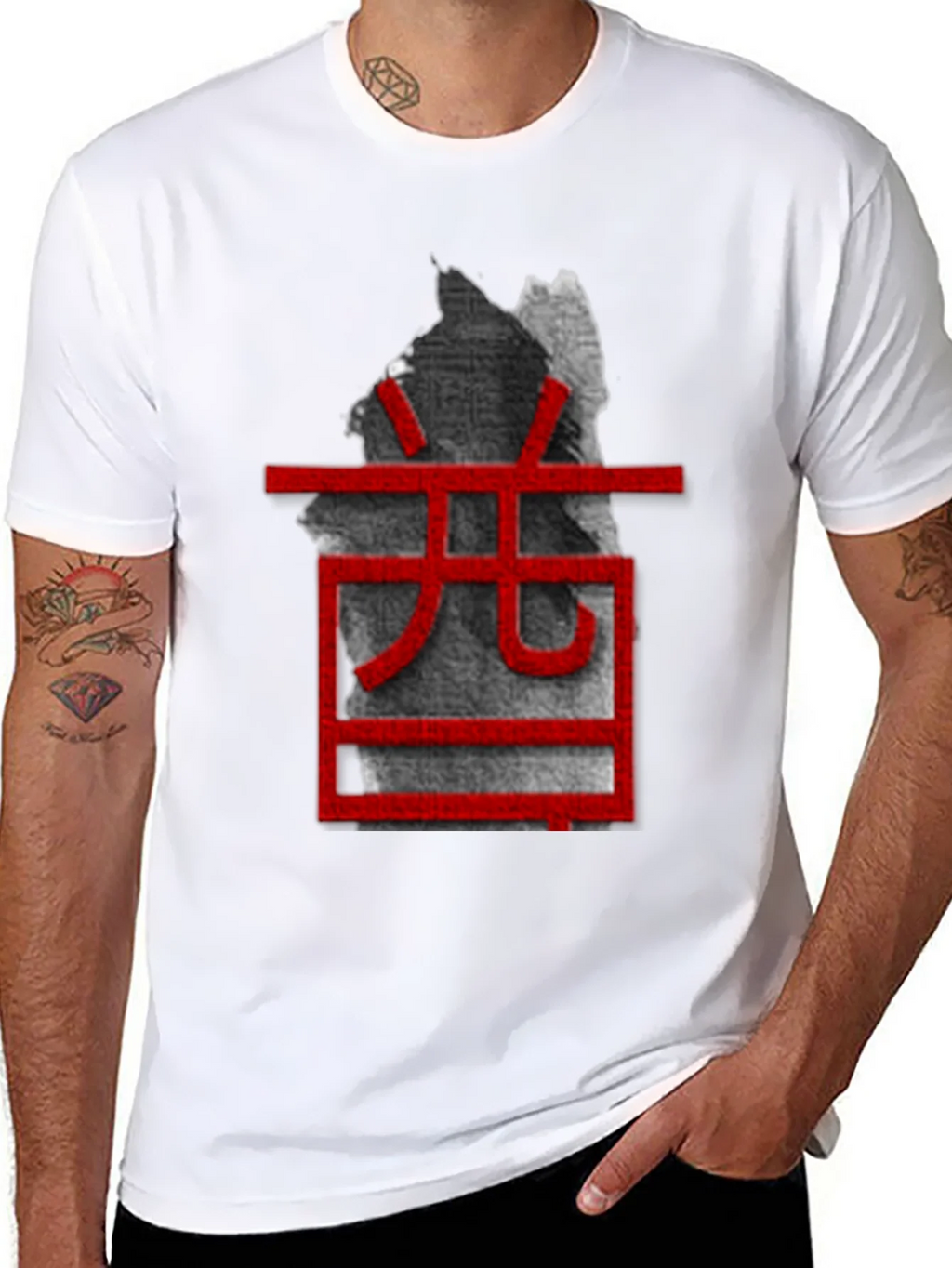 Unique Black T-Shirt with Red Asian-Inspired Graphic