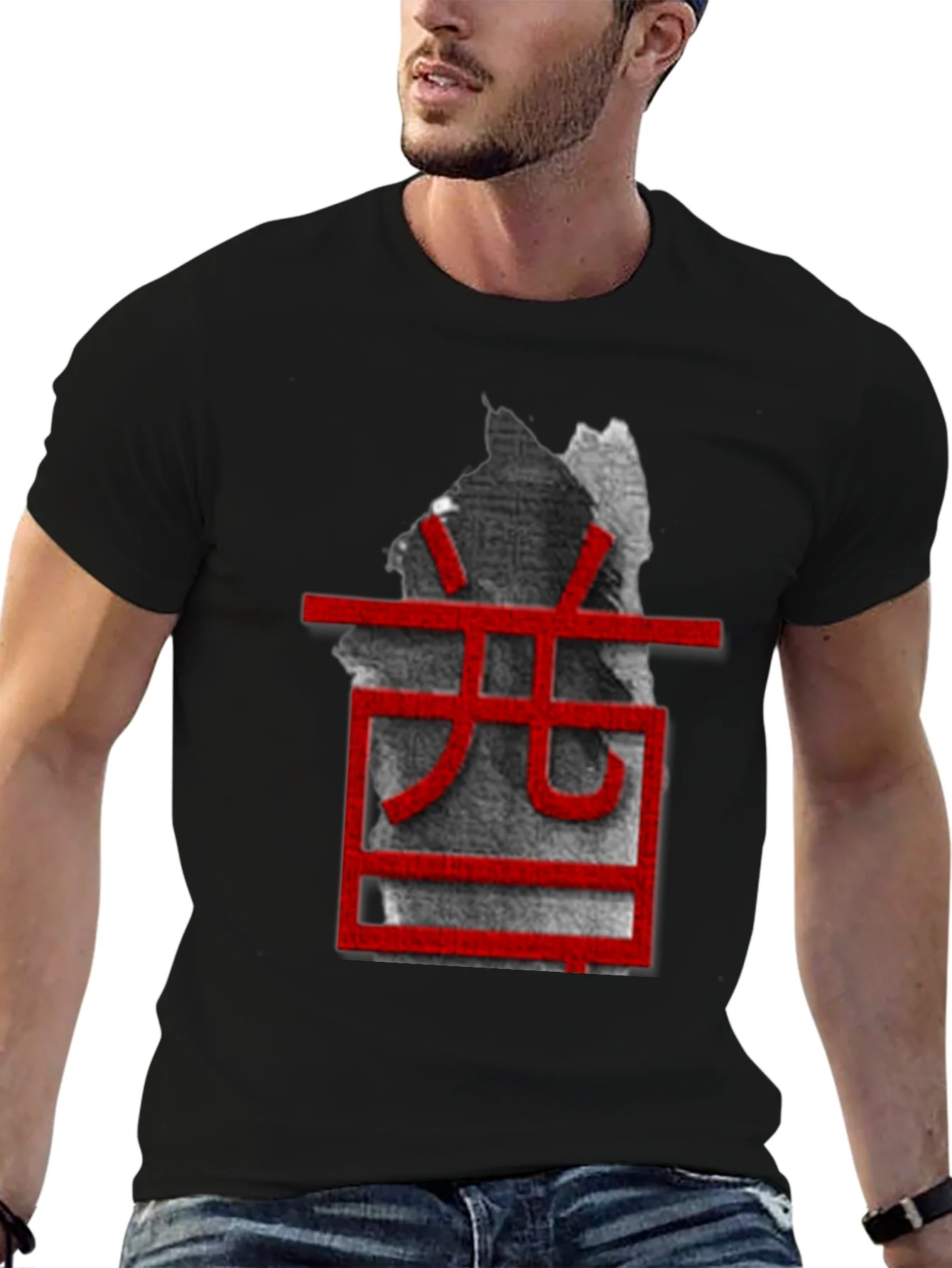 Unique Black T-Shirt with Red Asian-Inspired Graphic