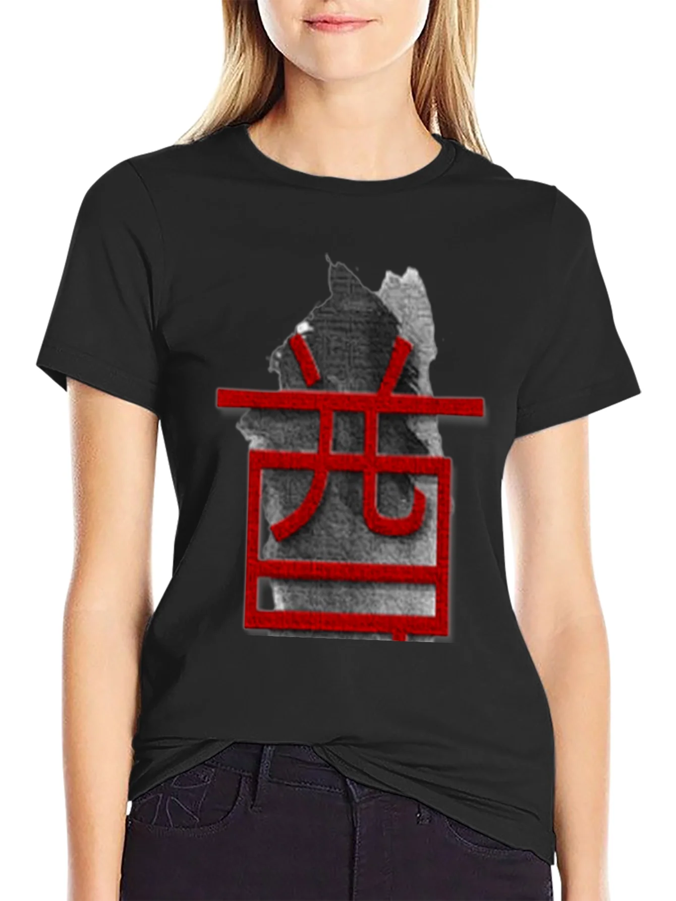 Unique Black T-Shirt with Red Asian-Inspired Graphic