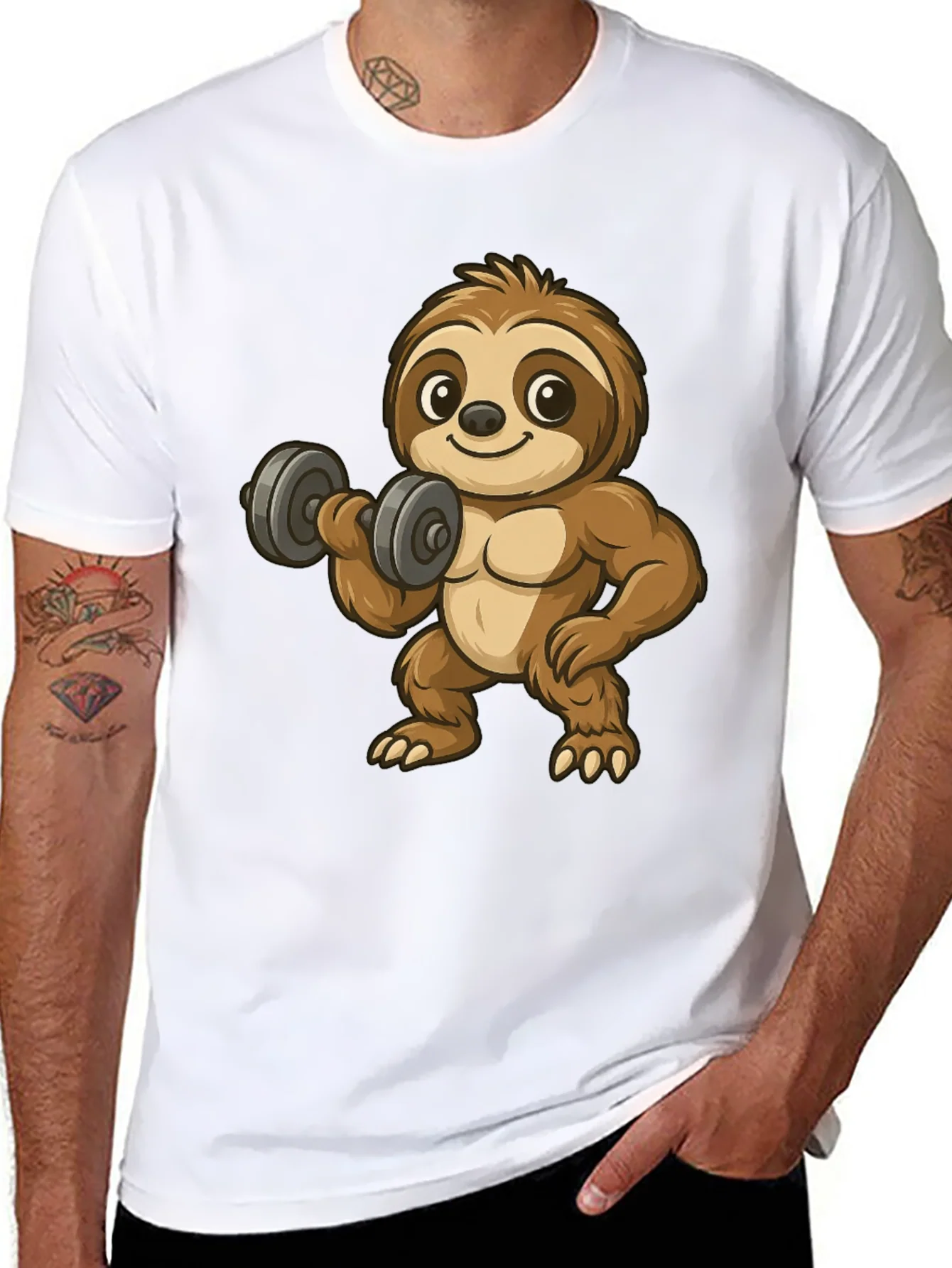 Funny Sloth Lifting Weights Graphic Tee