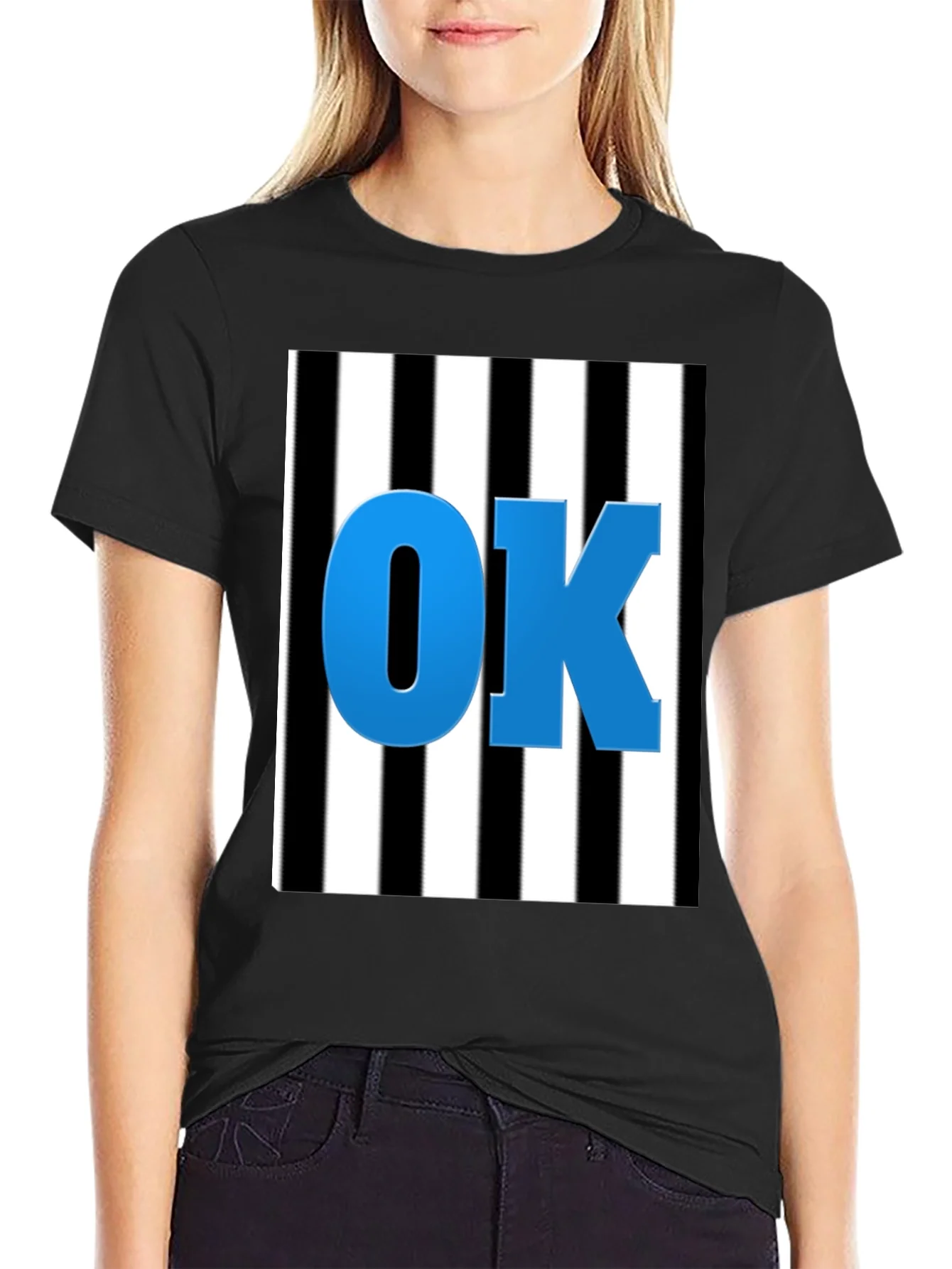 OK Graphic Tee - Black & White Stripe Blue Letters