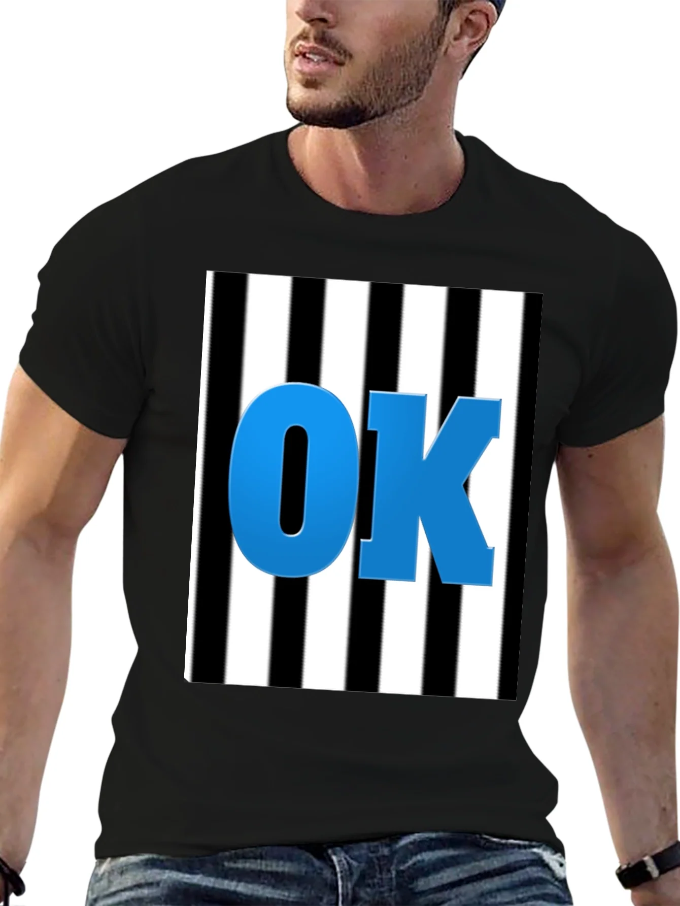 OK Graphic Tee - Black & White Stripe Blue Letters