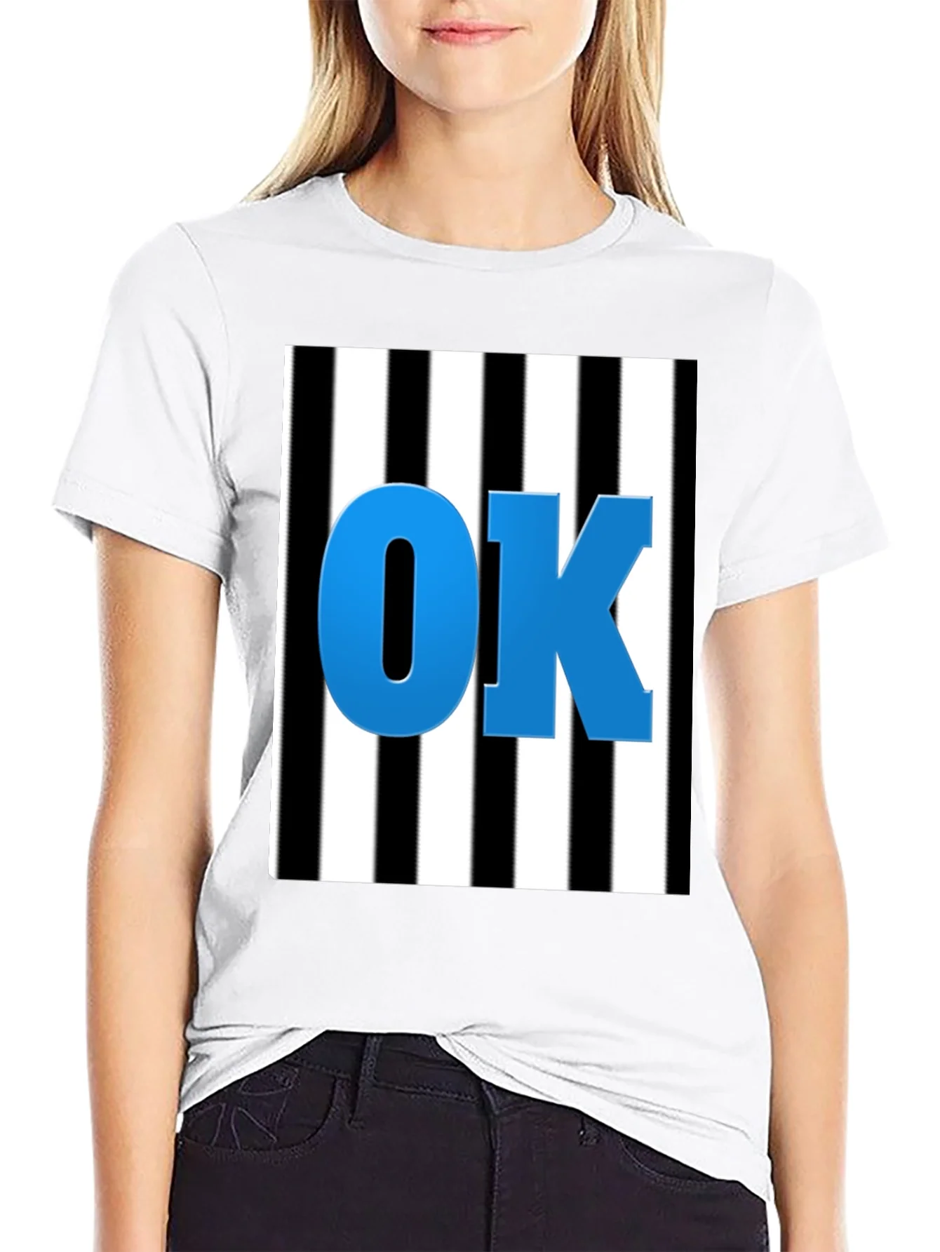 OK Graphic Tee - Black & White Stripe Blue Letters