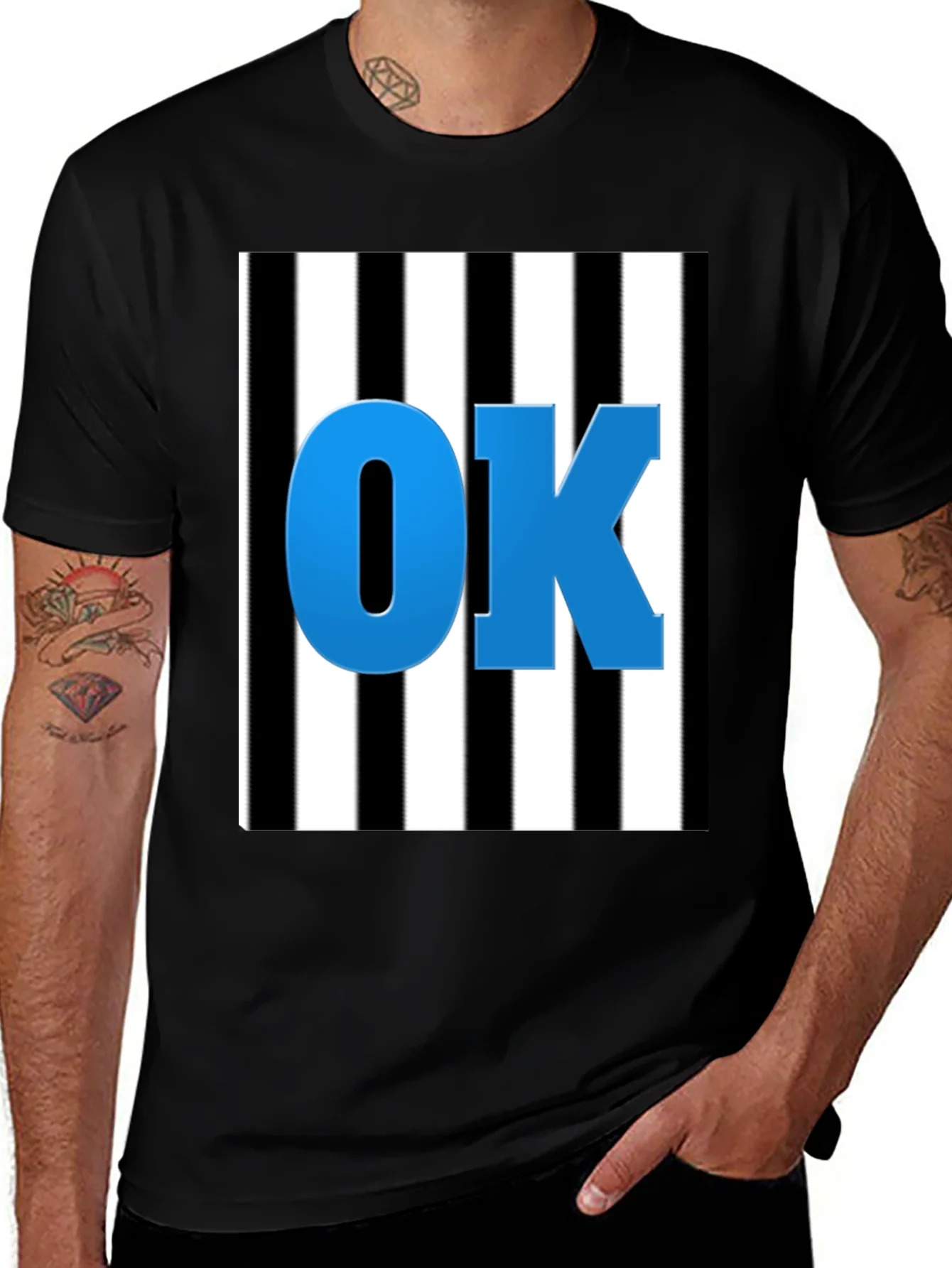 OK Graphic Tee - Black & White Stripe Blue Letters