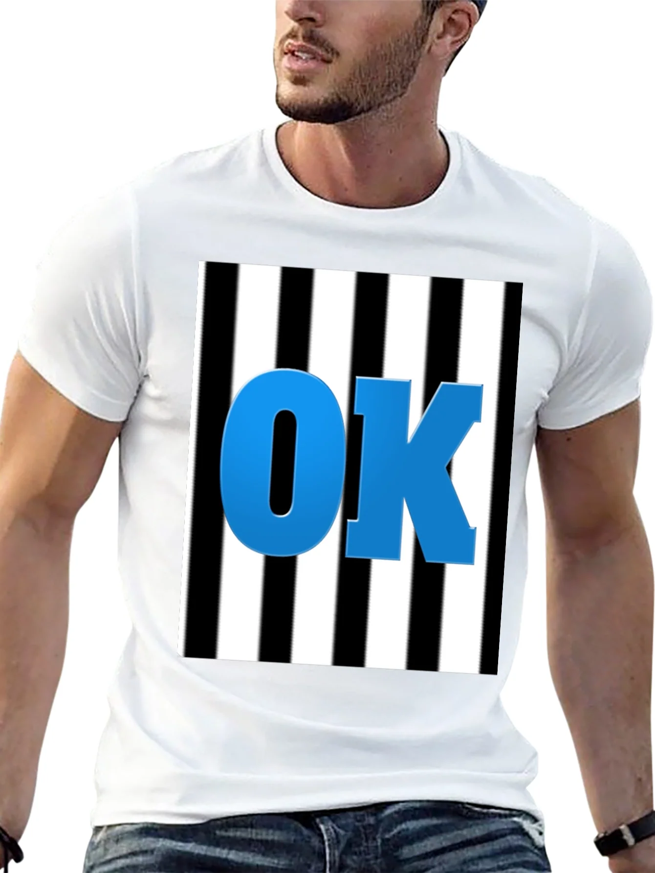 OK Graphic Tee - Black & White Stripe Blue Letters