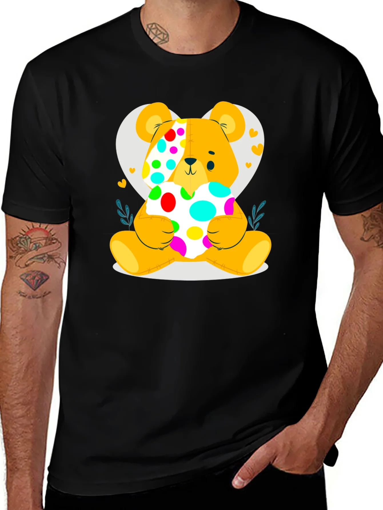 Cute Teddy Bear Holding a Polka Dot Heart Black T-Shirt