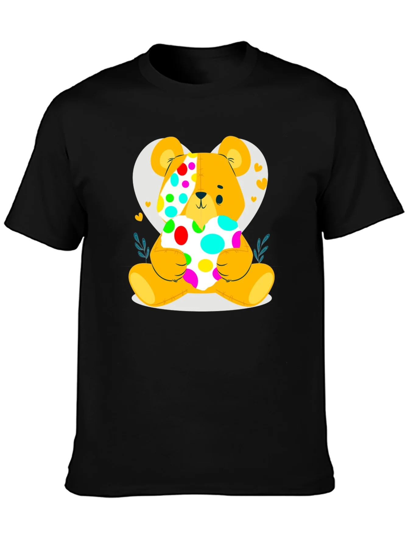 Cute Teddy Bear Holding a Polka Dot Heart Black T-Shirt
