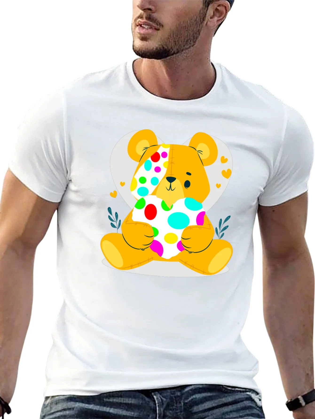 Cute Teddy Bear Holding a Polka Dot Heart Black T-Shirt