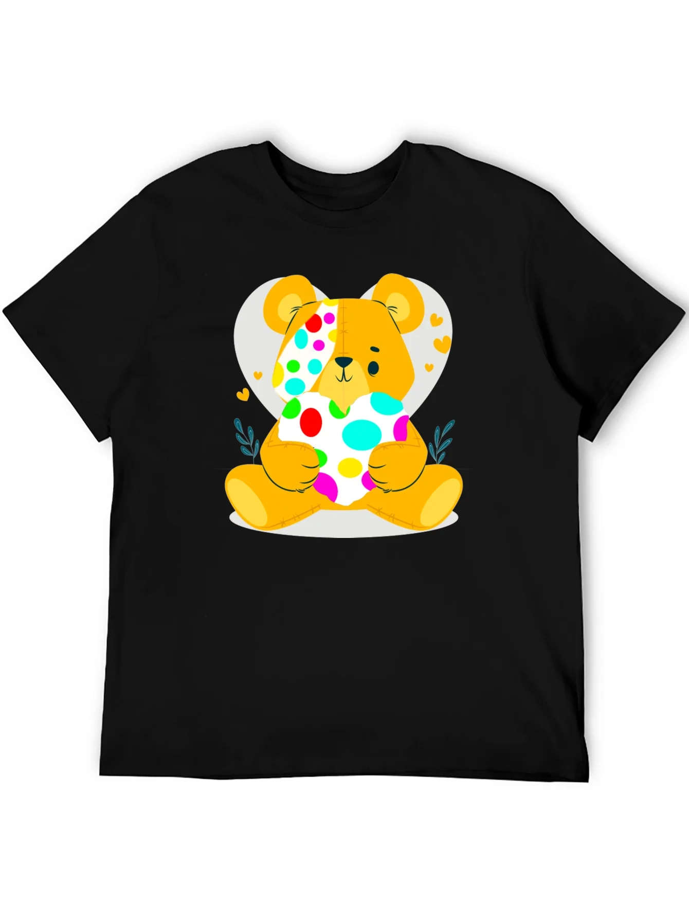 Cute Teddy Bear Holding a Polka Dot Heart Black T-Shirt