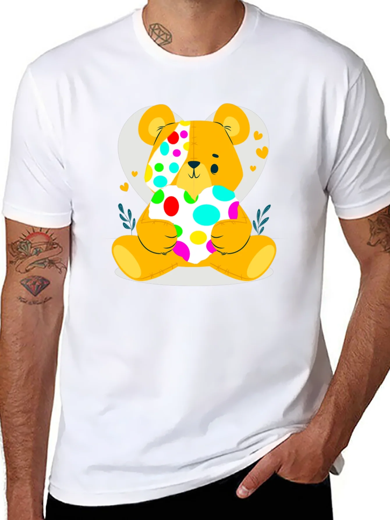 Cute Teddy Bear Holding a Polka Dot Heart Black T-Shirt