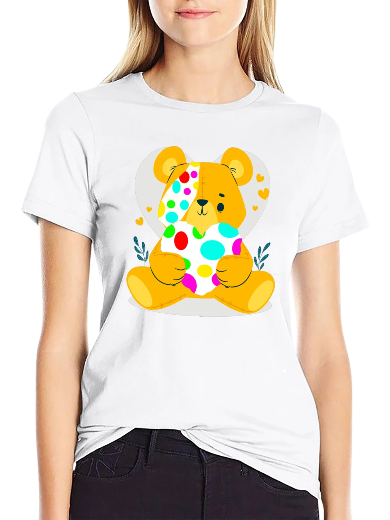 Cute Teddy Bear Holding a Polka Dot Heart Black T-Shirt