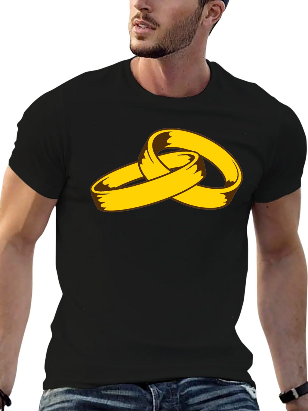 Cartoon Gold Rings Graphic Black T-Shirt