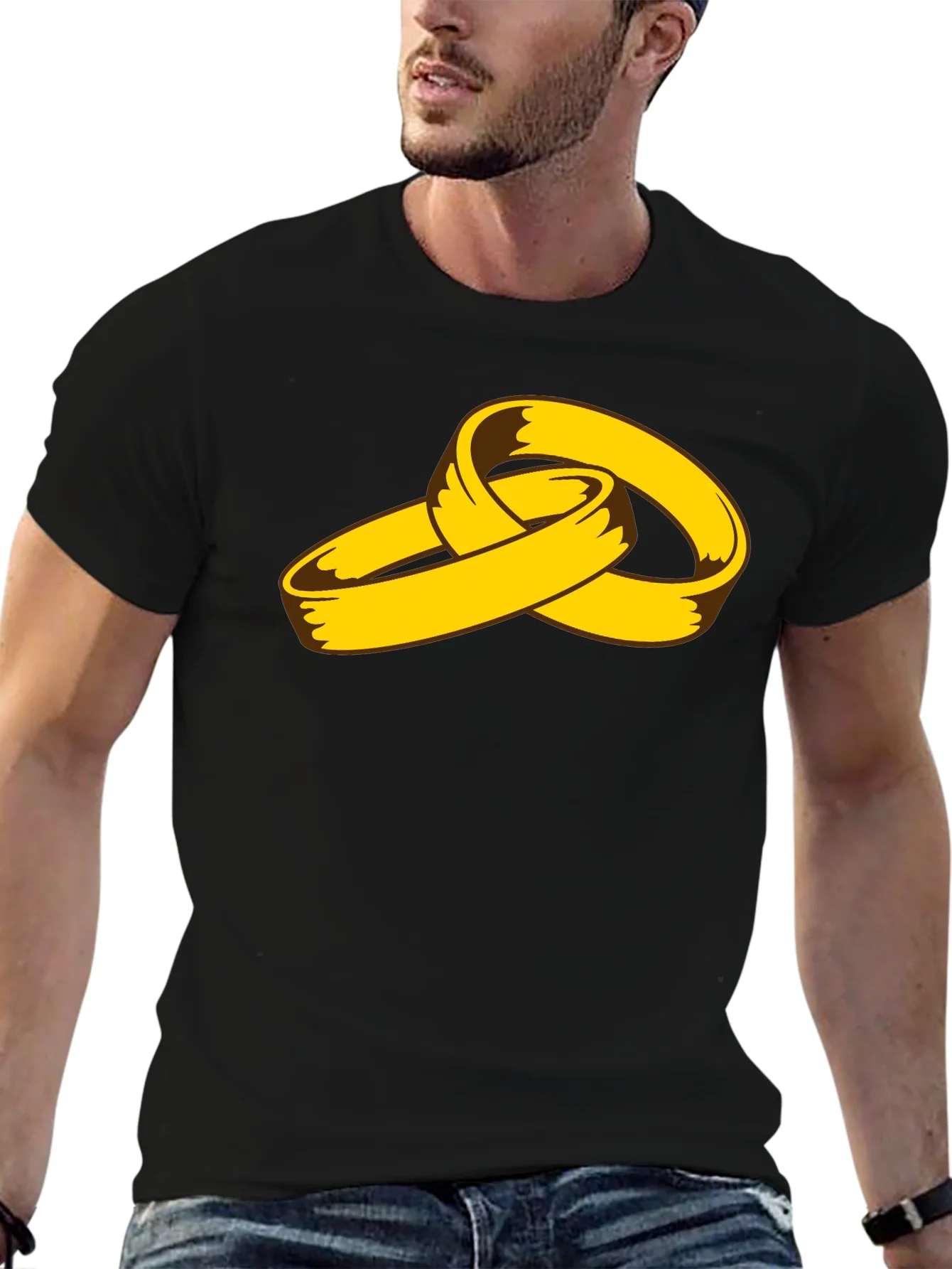 Cartoon Gold Rings Graphic Black T-Shirt