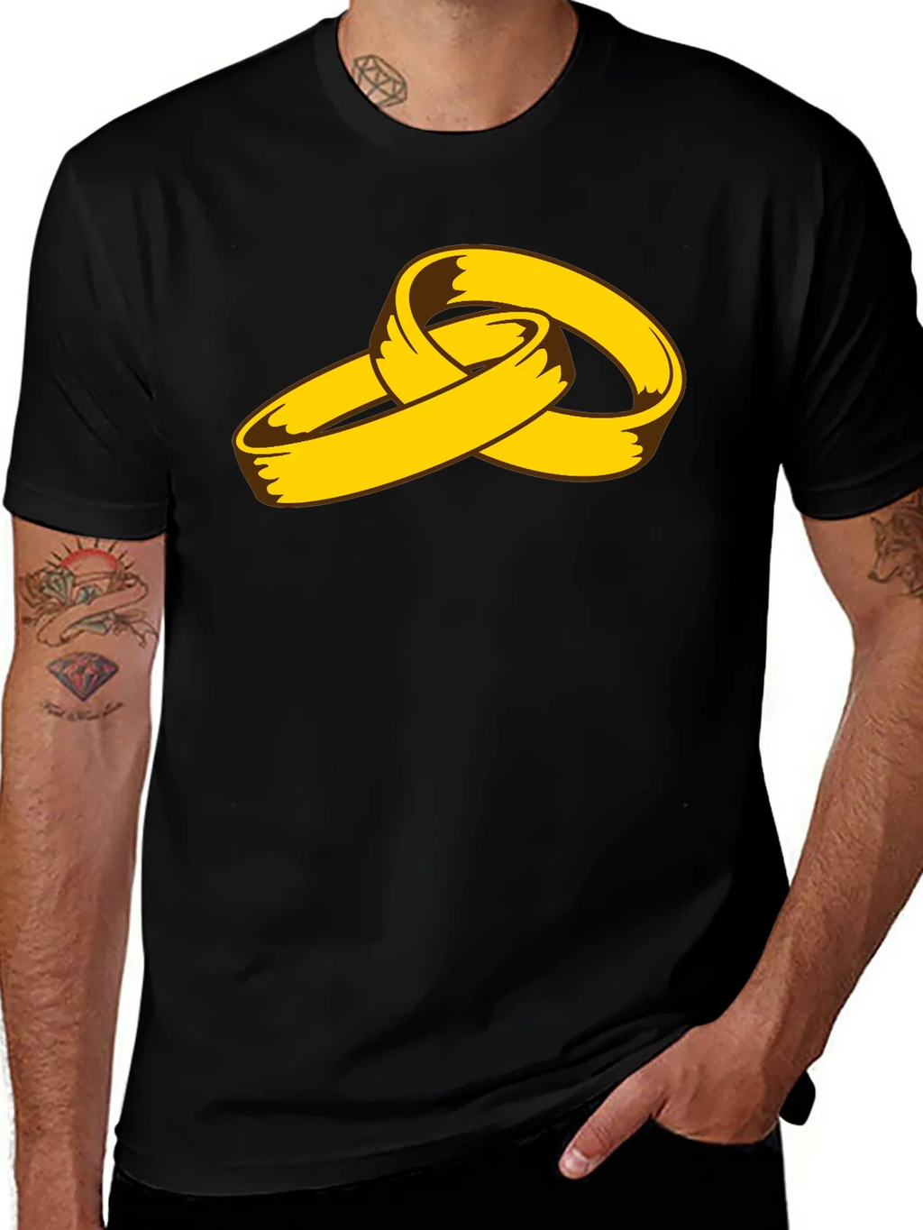 Cartoon Gold Rings Graphic Black T-Shirt