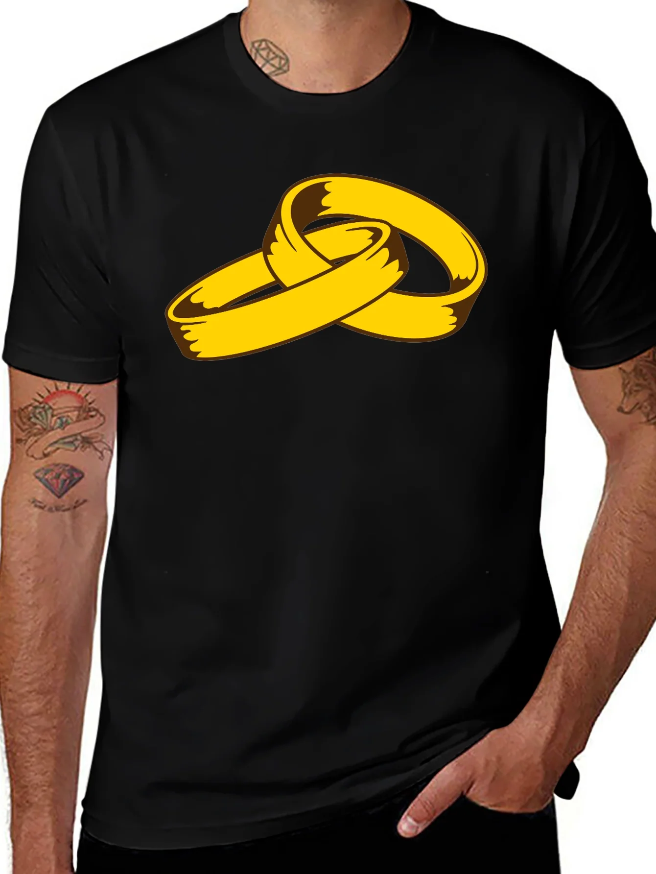 Cartoon Gold Rings Graphic Black T-Shirt