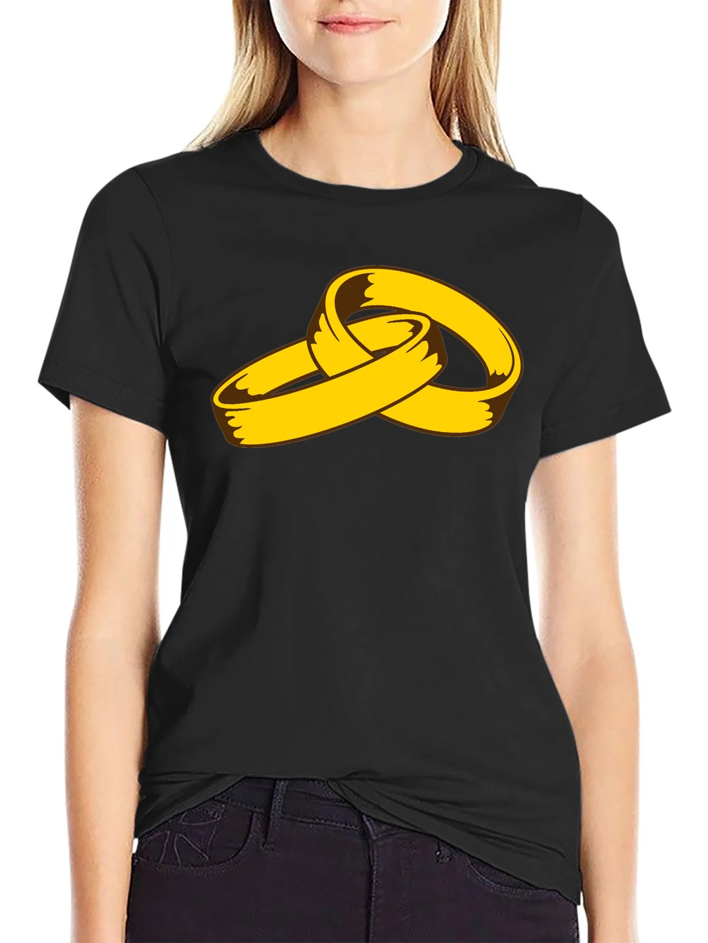 Cartoon Gold Rings Graphic Black T-Shirt