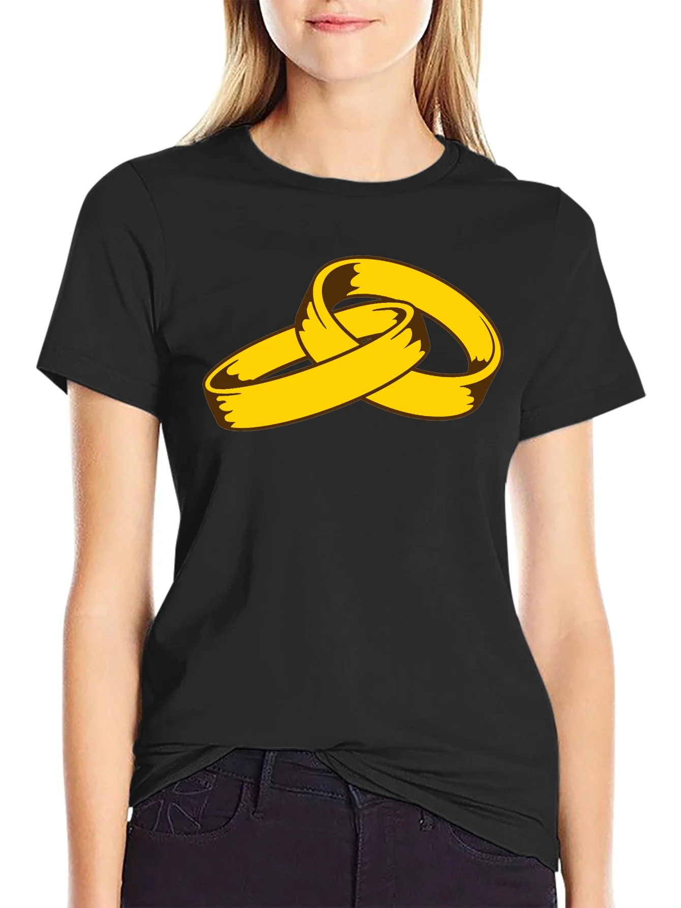 Cartoon Gold Rings Graphic Black T-Shirt