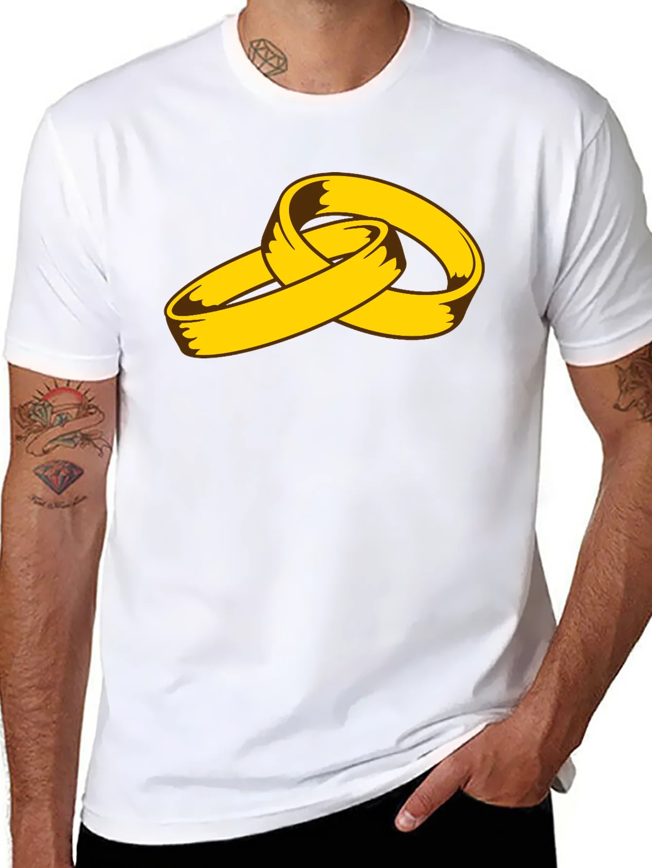 Cartoon Gold Rings Graphic Black T-Shirt