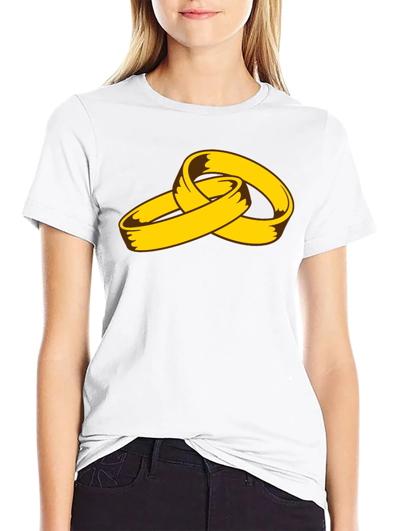Cartoon Gold Rings Graphic Black T-Shirt