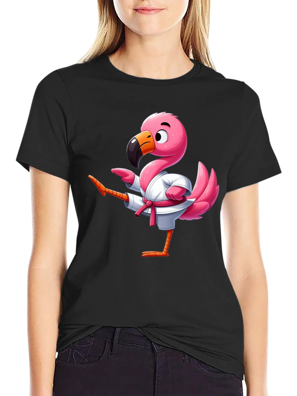 Karate Flamingo Black T-Shirt