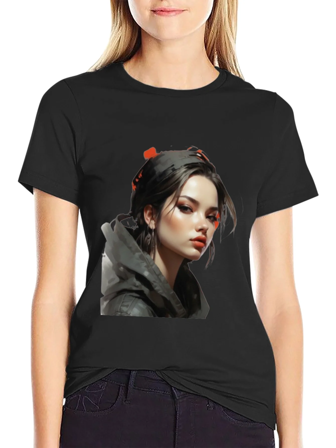 Girl Portrait Graphic Tee - Stylish Black T-Shirt