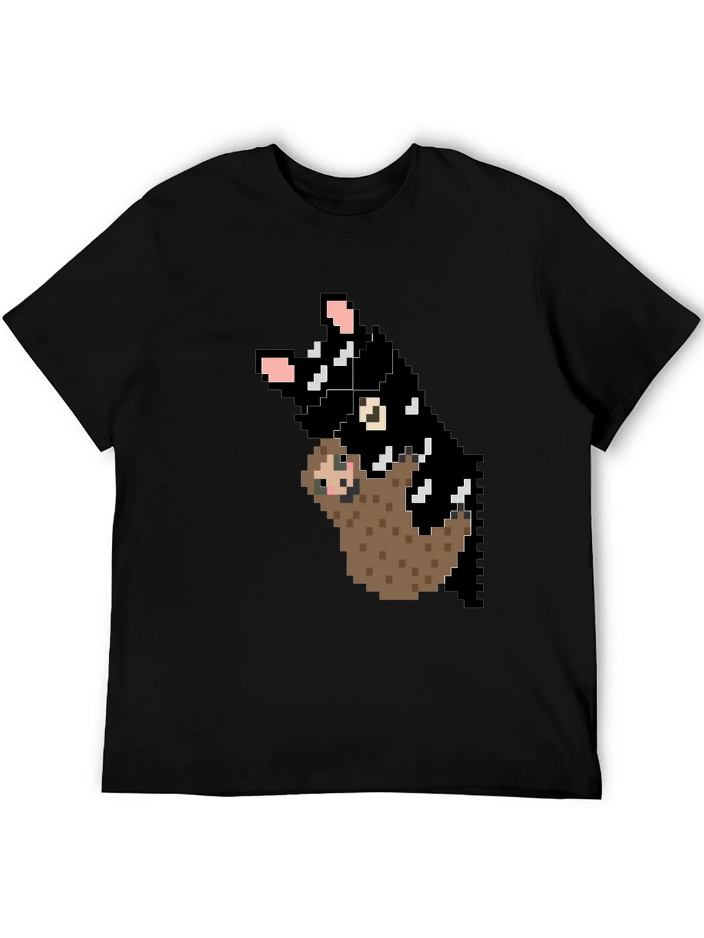 Pixel Art Sloth and Cat Black T-Shirt