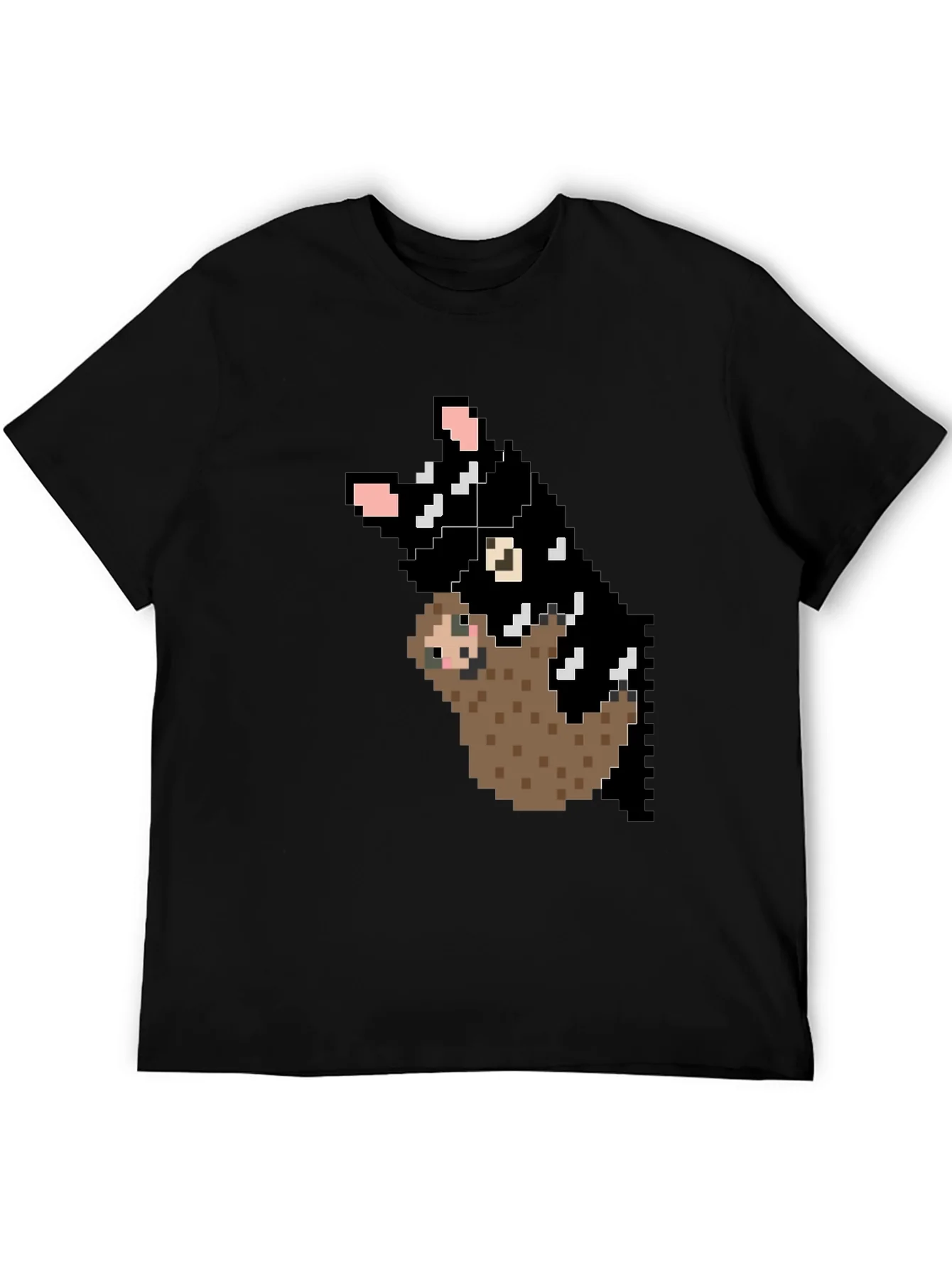 Pixel Art Sloth and Cat Black T-Shirt