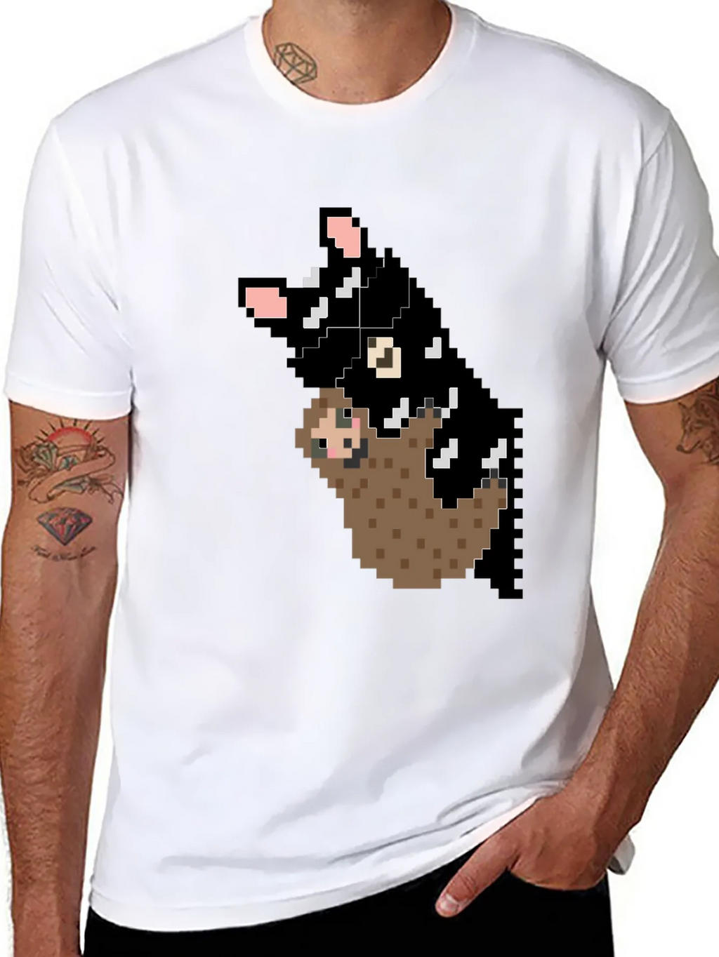 Pixel Art Sloth and Cat Black T-Shirt