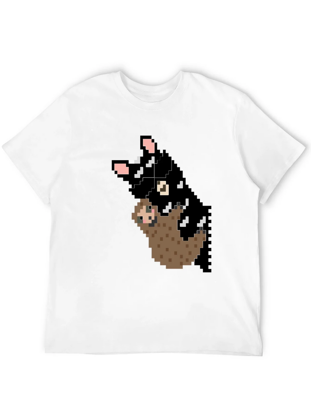 Pixel Art Sloth and Cat Black T-Shirt