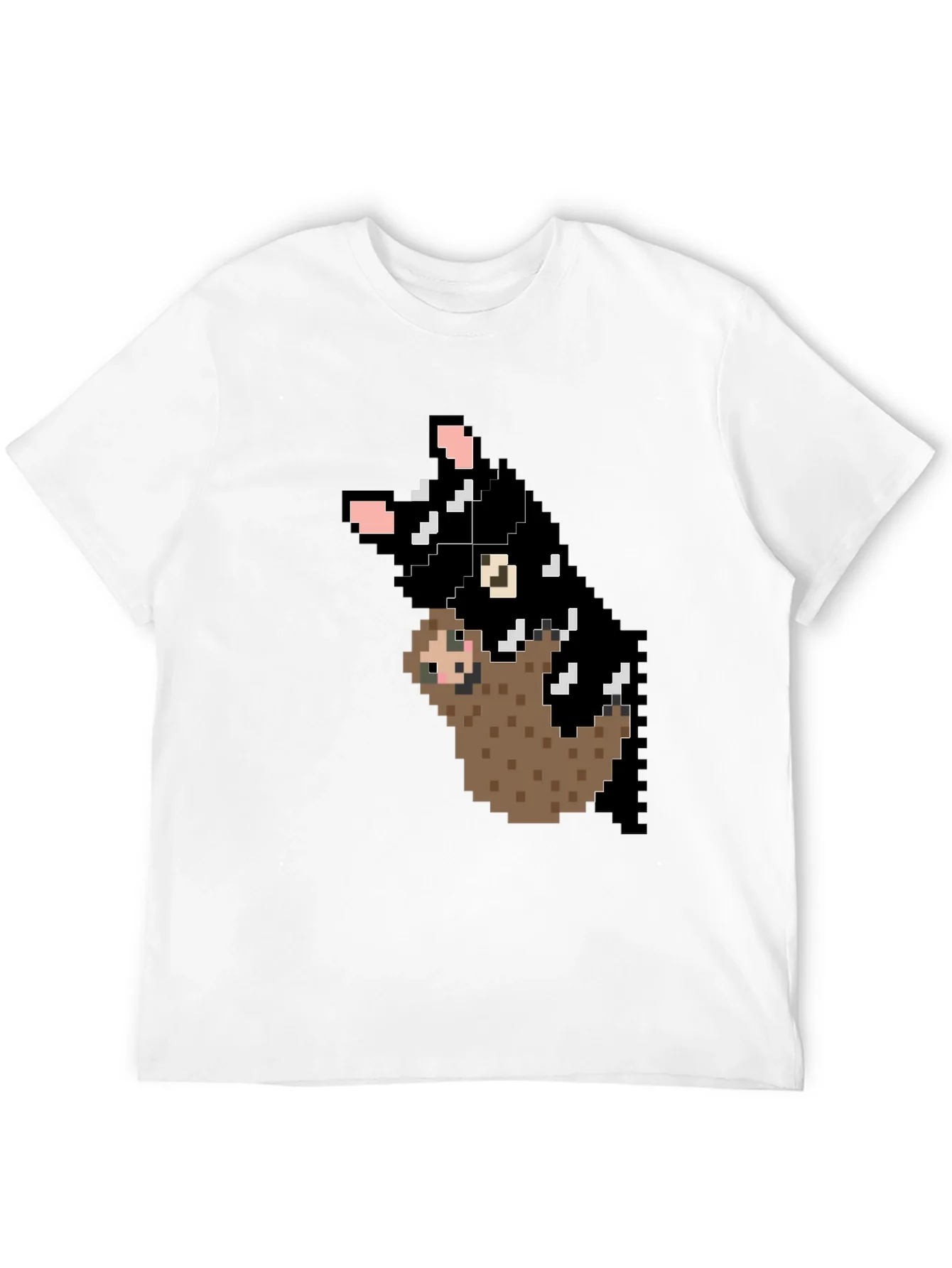 Pixel Art Sloth and Cat Black T-Shirt
