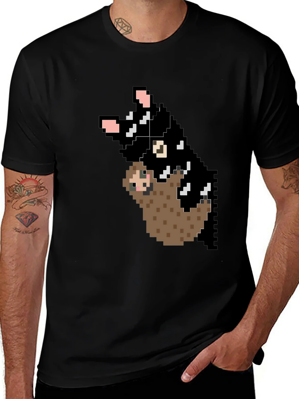 Pixel Art Sloth and Cat Black T-Shirt