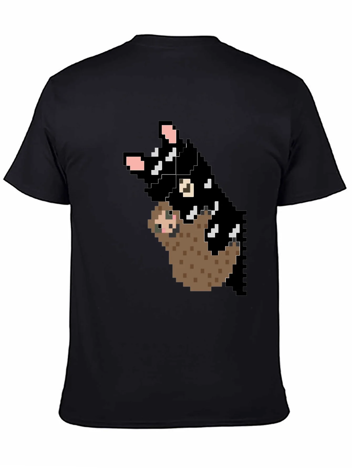Pixel Art Sloth and Cat Black T-Shirt