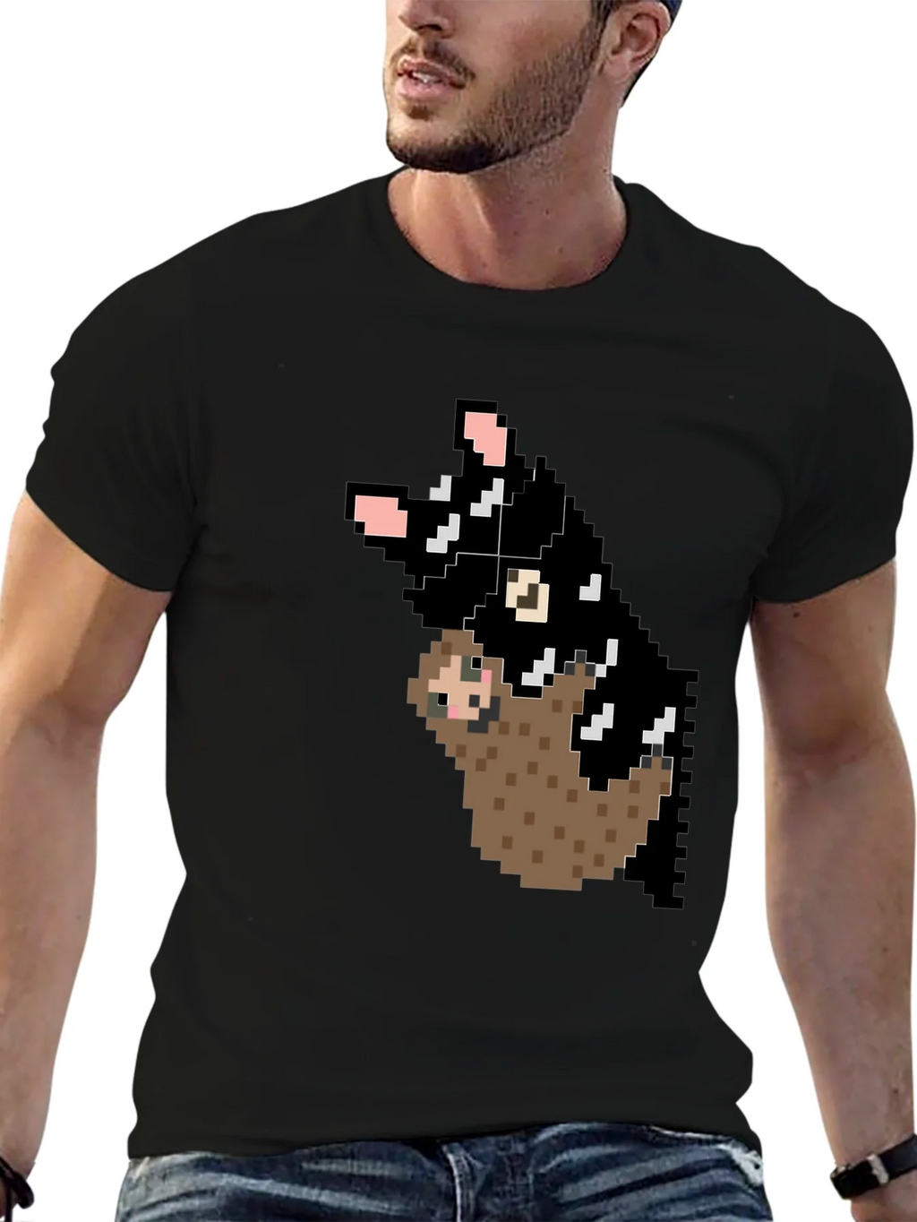 Pixel Art Sloth and Cat Black T-Shirt