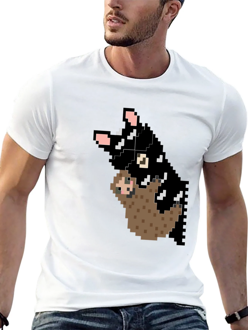 Pixel Art Sloth and Cat Black T-Shirt