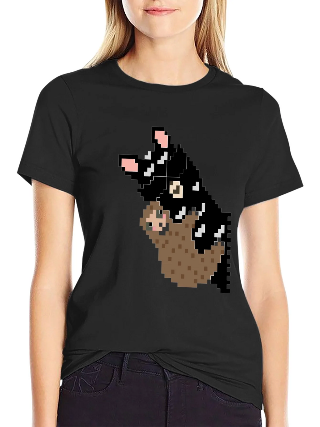 Pixel Art Sloth and Cat Black T-Shirt