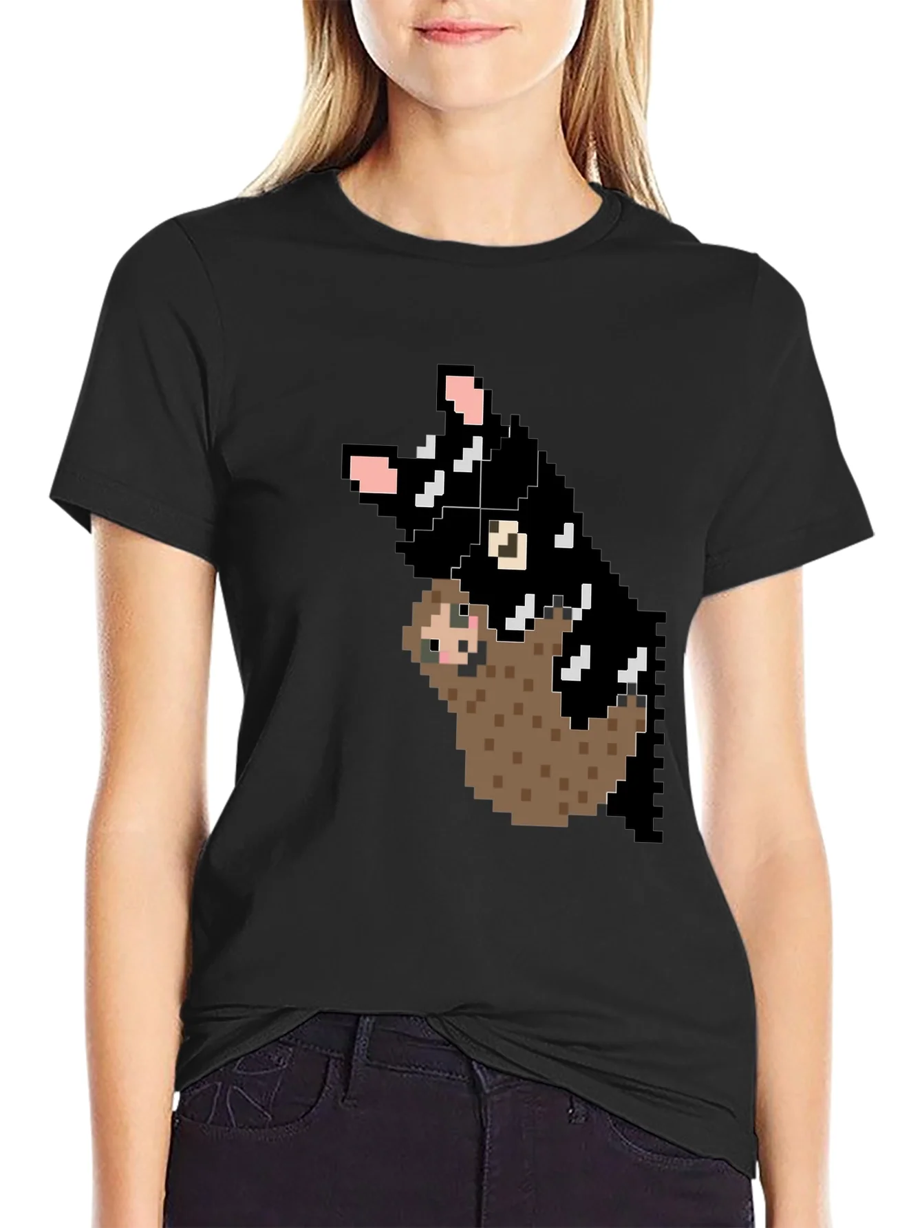 Pixel Art Sloth and Cat Black T-Shirt