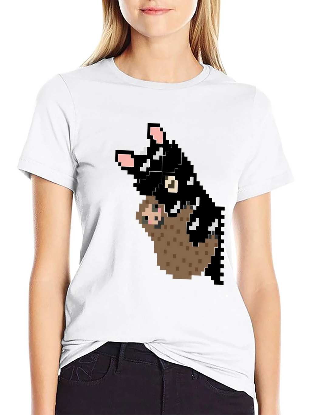 Pixel Art Sloth and Cat Black T-Shirt