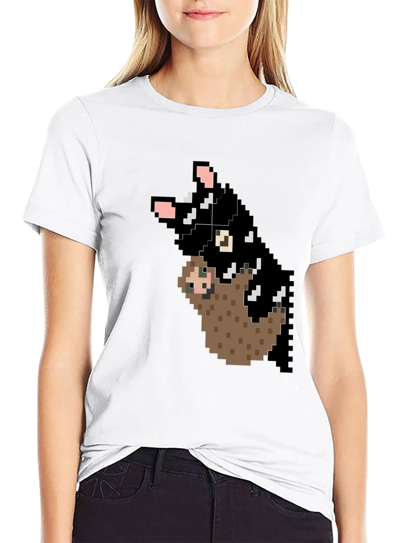 Pixel Art Sloth and Cat Black T-Shirt