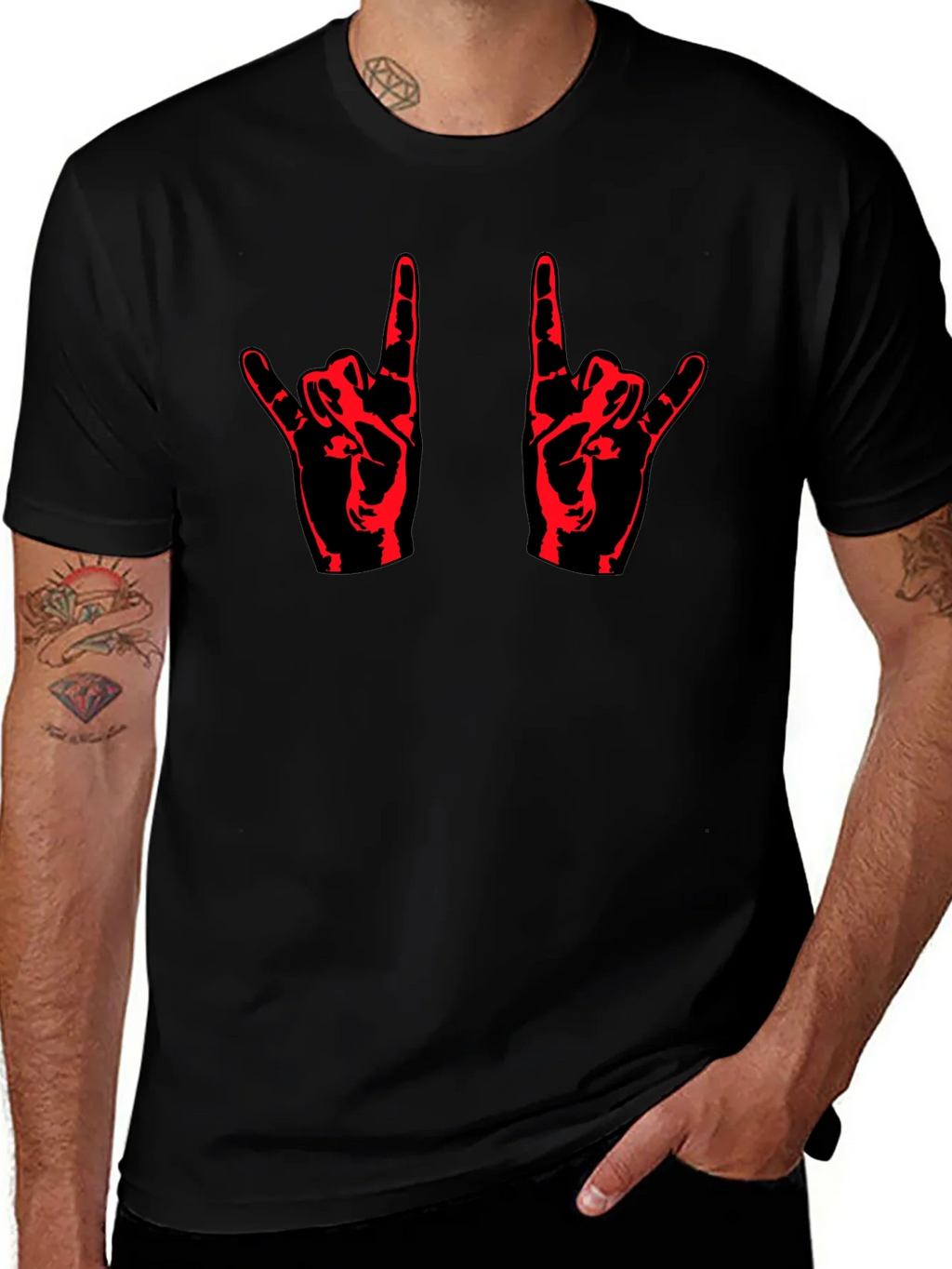 Rock On! Black T-Shirt with Red Hand Design
