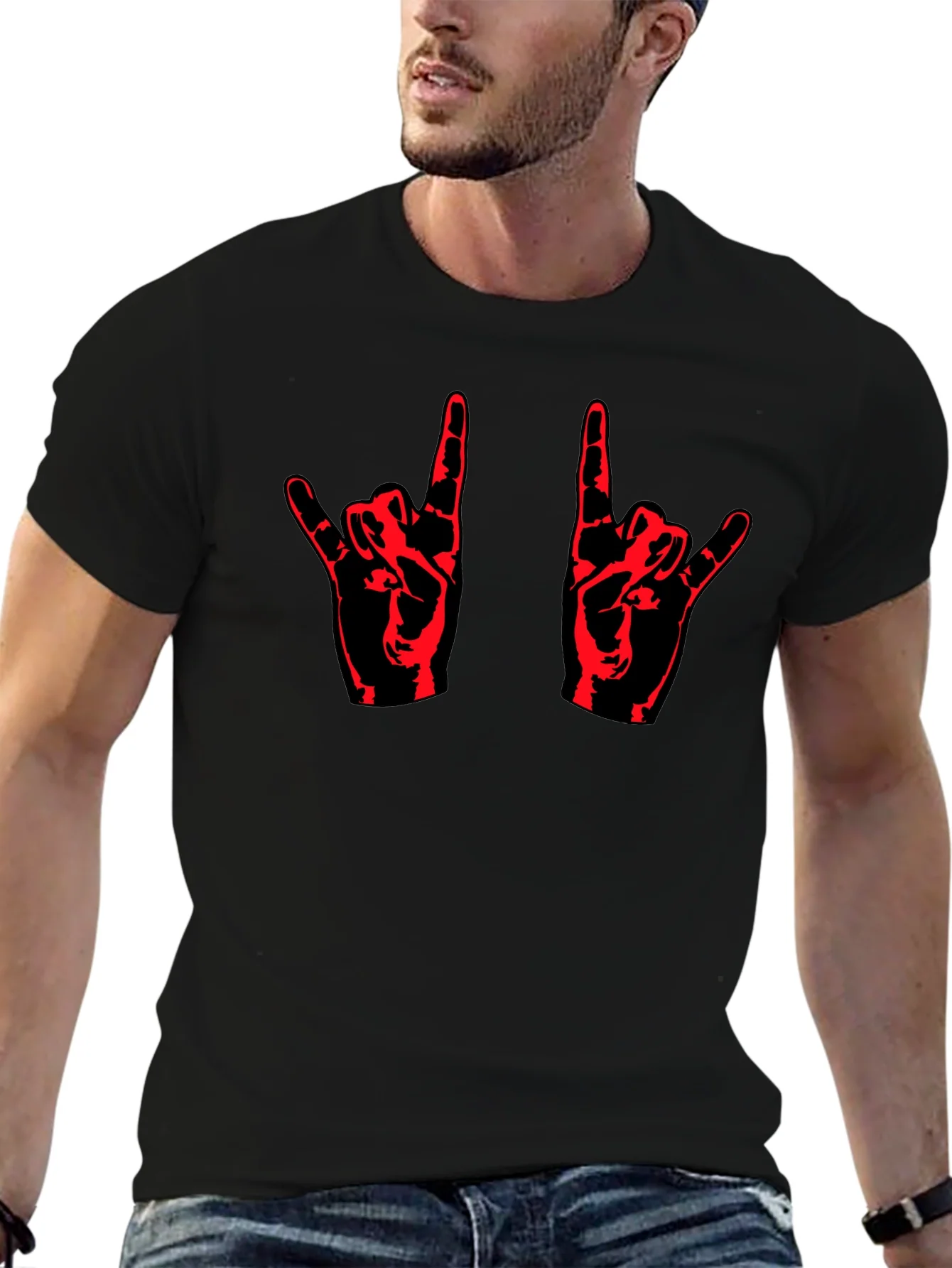 Rock On! Black T-Shirt with Red Hand Design