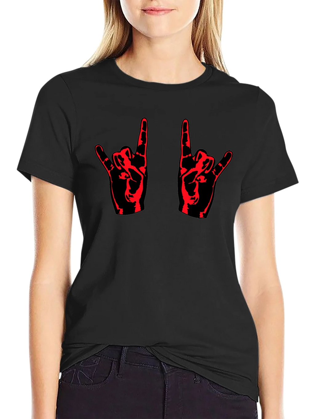 Rock On! Black T-Shirt with Red Hand Design