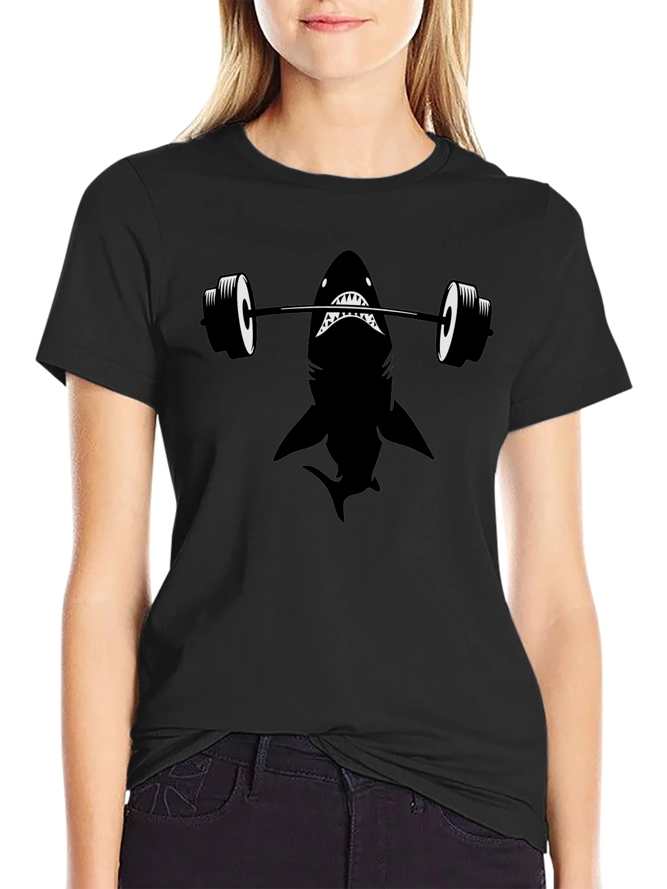 Weightlifting Shark Graphic Tee - Black Cotton T-Shirt