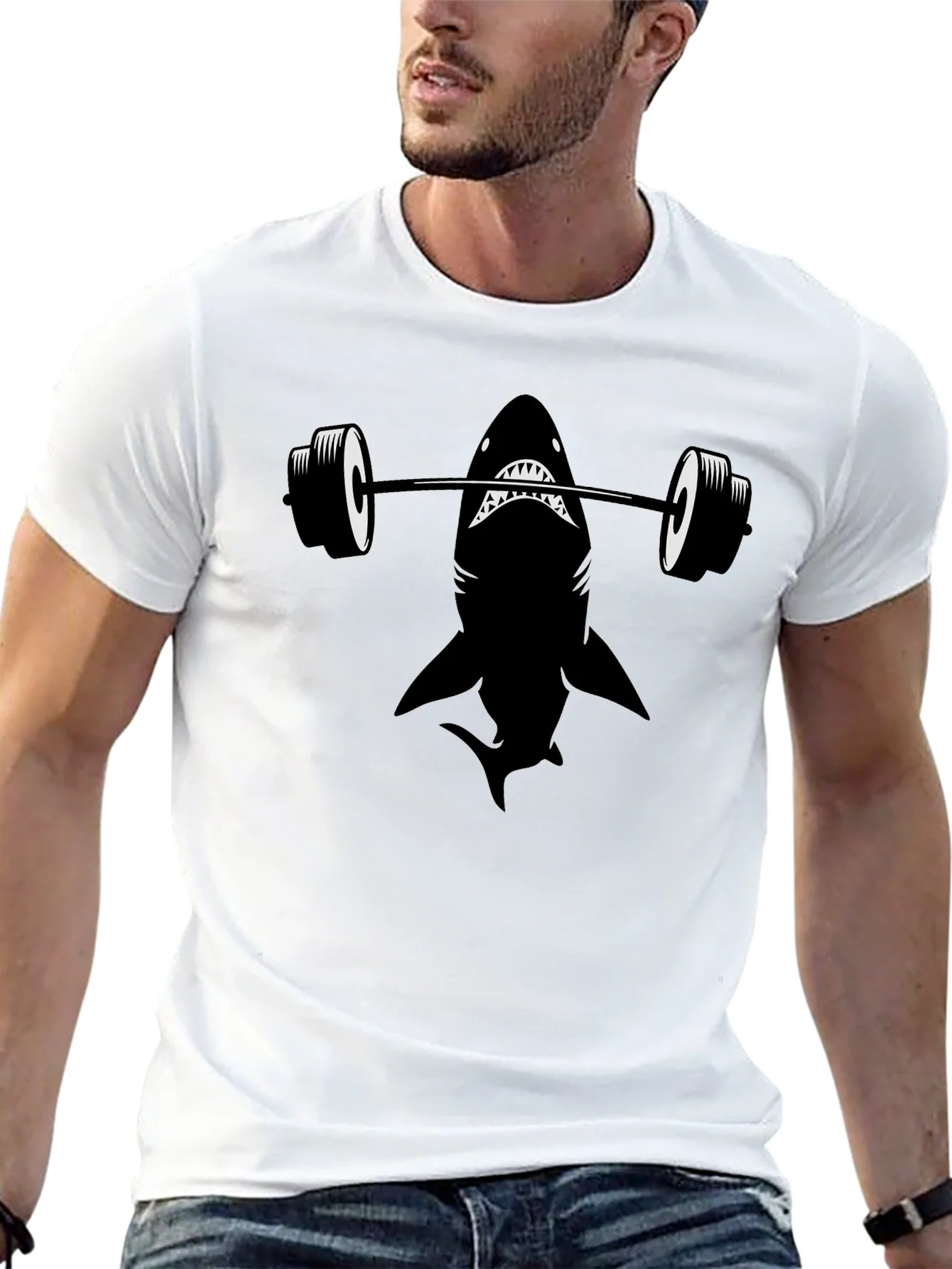 Weightlifting Shark Graphic Tee - Black Cotton T-Shirt