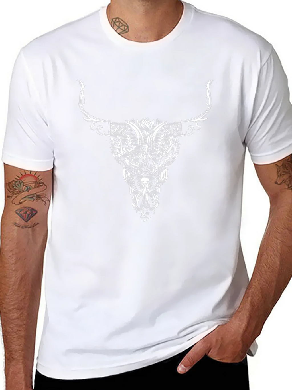 Black Tee with Bull Skull Tribal Art