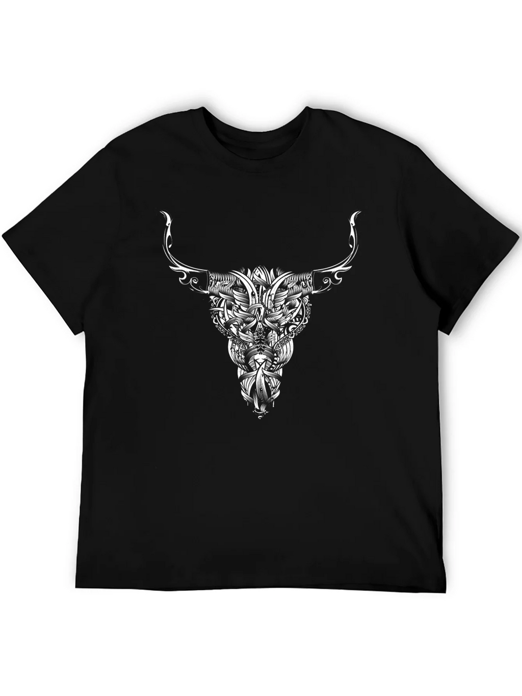 Black Tee with Bull Skull Tribal Art