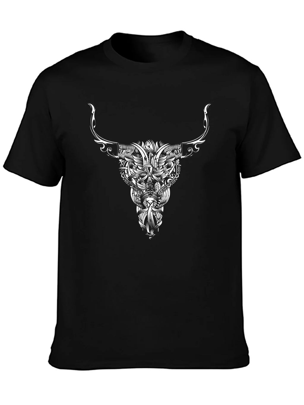 Black Tee with Bull Skull Tribal Art